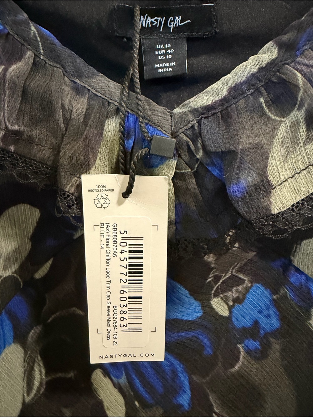 NWT Nasty Gal Blue Floral Chiffon Lace Trim Maxi Dress Size 10 - Picture 5 of 5